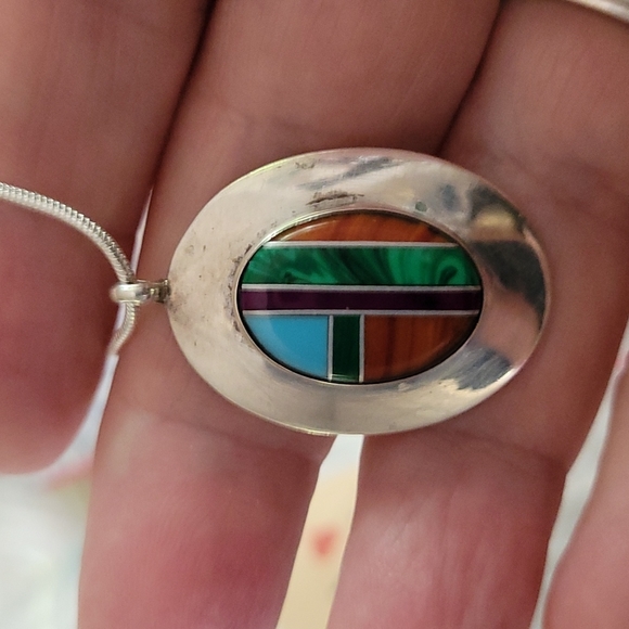 Turquoise Spiny Oyster Malachite SS Pendant - Picture 2 of 4